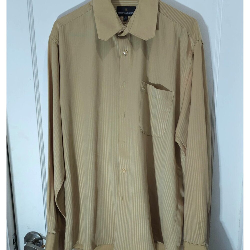 Stacy Adams Men’s Beige Striped Dress Shirt 16 34/35 Polyester